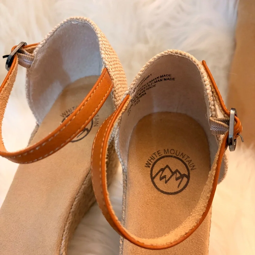 White Mountain Mamba Wedge Sandals Womens 8.5W Black Tan Excellent Espadrille